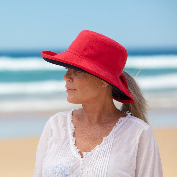 Reversible Ponytail Hat - Berry/Navy Cotton