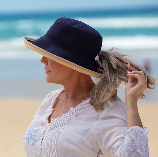 Reversible Ponytail Hat - Camel/Navy Cotton